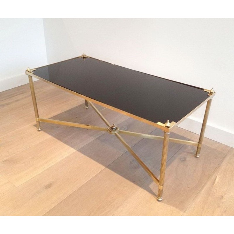 Art Déco Brass Coffee Table with Black Lacquered Glass Top, Maison Jansen, France, circa 1940
