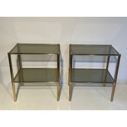 Pair of Mid-Century Brass Side Tables with Smoked Glass Shelves, French Work, France, circa 1970
