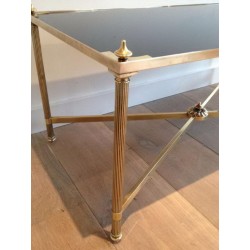 Art Déco Brass Coffee Table with Black Lacquered Glass Top, Maison Jansen, France, circa 1940