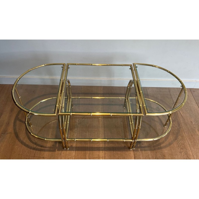 Art Déco Faux-Bamboo Brass Tripartite Coffee Table with Glass Tops, in the Style of Maison Baguès, France, circa 1940