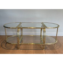Art Déco Faux-Bamboo Brass Tripartite Coffee Table with Glass Tops, in the Style of Maison Baguès, France, circa 1940