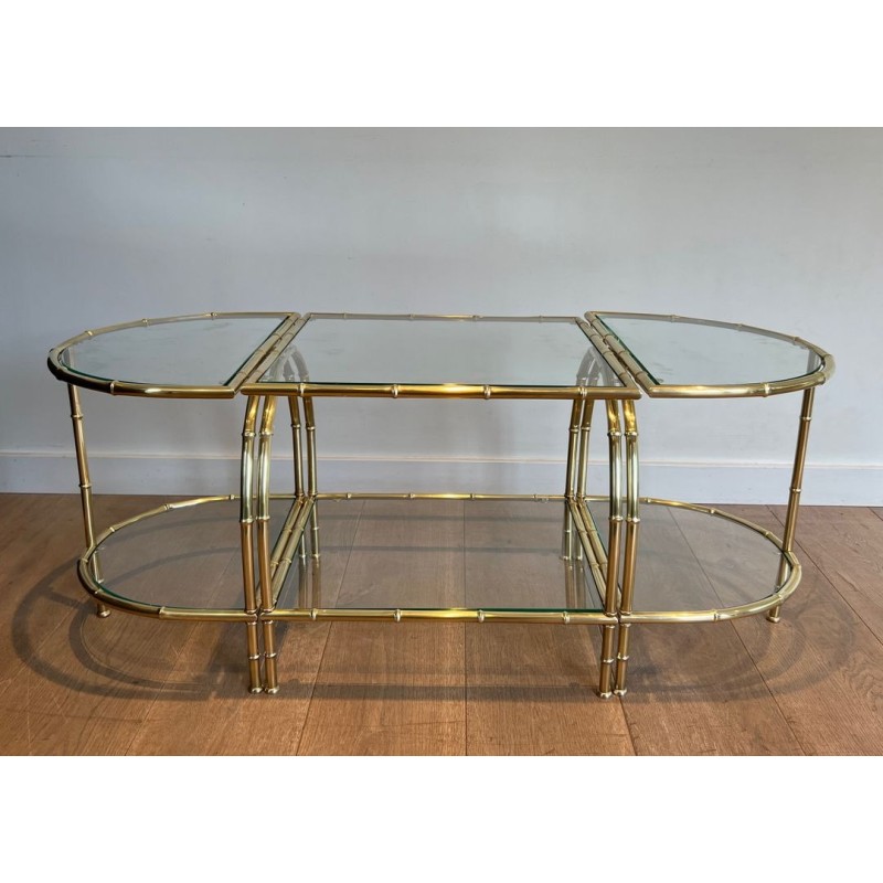 Art Déco Faux-Bamboo Brass Tripartite Coffee Table with Glass Tops, in the Style of Maison Baguès, France, circa 1940