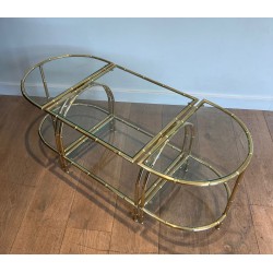 Art Déco Faux-Bamboo Brass Tripartite Coffee Table with Glass Tops, in the Style of Maison Baguès, France, circa 1940