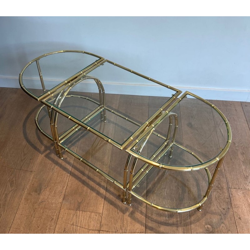Art Déco Faux-Bamboo Brass Tripartite Coffee Table with Glass Tops, in the Style of Maison Baguès, France, circa 1940