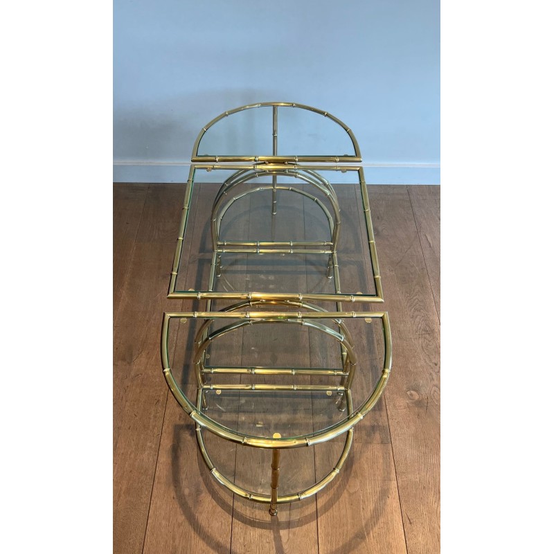 Art Déco Faux-Bamboo Brass Tripartite Coffee Table with Glass Tops, in the Style of Maison Baguès, France, circa 1940