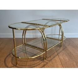 Art Déco Faux-Bamboo Brass Tripartite Coffee Table with Glass Tops, in the Style of Maison Baguès, France, circa 1940
