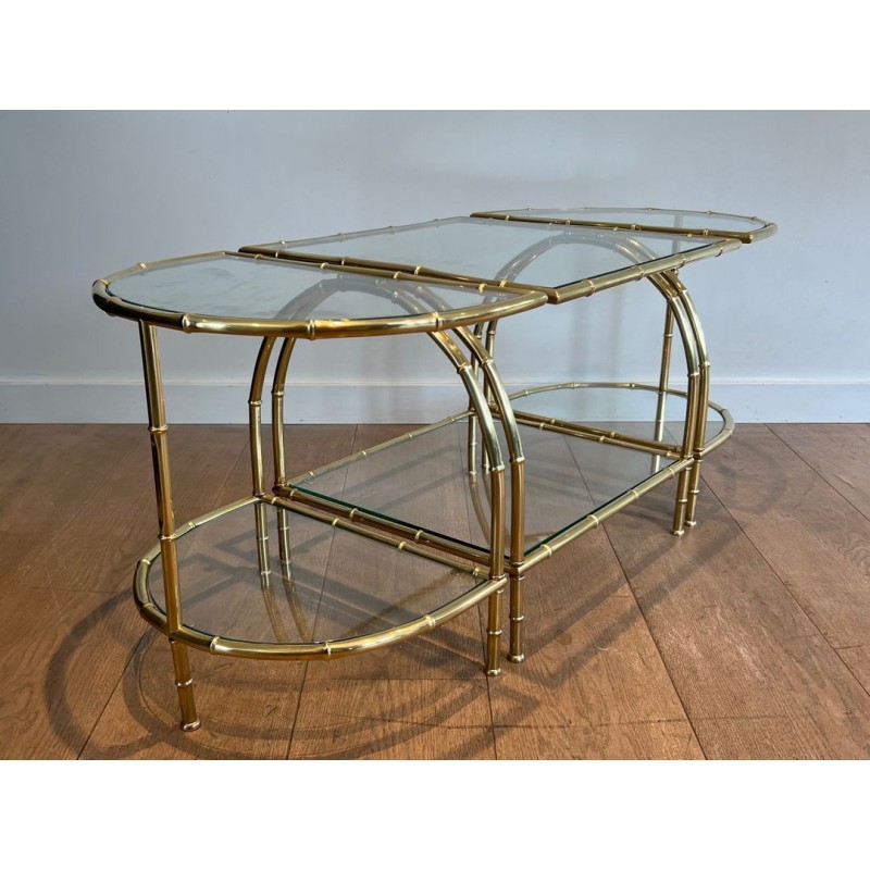 Art Déco Faux-Bamboo Brass Tripartite Coffee Table with Glass Tops, in the Style of Maison Baguès, France, circa 1940