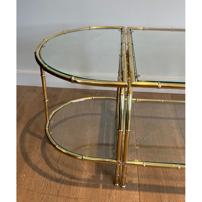 Art Déco Faux-Bamboo Brass Tripartite Coffee Table with Glass Tops, in the Style of Maison Baguès, France, circa 1940