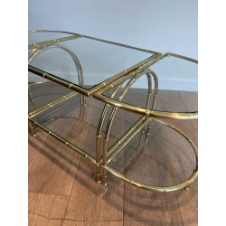 Art Déco Faux-Bamboo Brass Tripartite Coffee Table with Glass Tops, in the Style of Maison Baguès, France, circa 1940