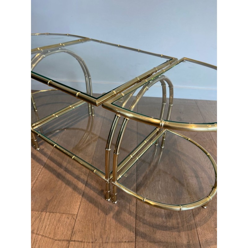 Art Déco Faux-Bamboo Brass Tripartite Coffee Table with Glass Tops, in the Style of Maison Baguès, France, circa 1940
