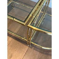 Art Déco Faux-Bamboo Brass Tripartite Coffee Table with Glass Tops, in the Style of Maison Baguès, France, circa 1940