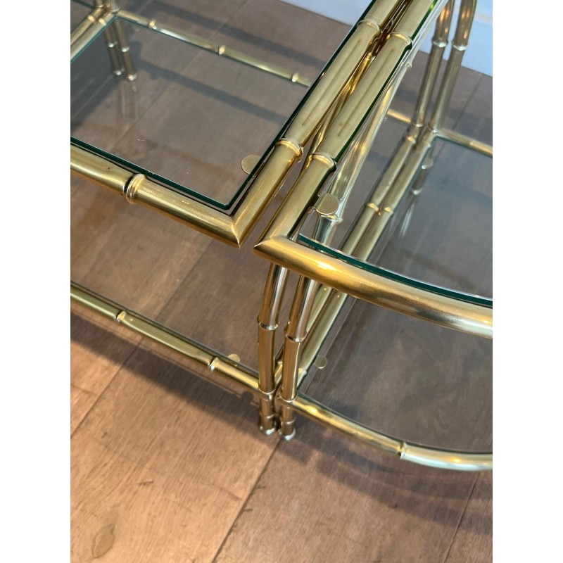 Art Déco Faux-Bamboo Brass Tripartite Coffee Table with Glass Tops, in the Style of Maison Baguès, France, circa 1940
