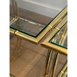 Art Déco Faux-Bamboo Brass Tripartite Coffee Table with Glass Tops, in the Style of Maison Baguès, France, circa 1940