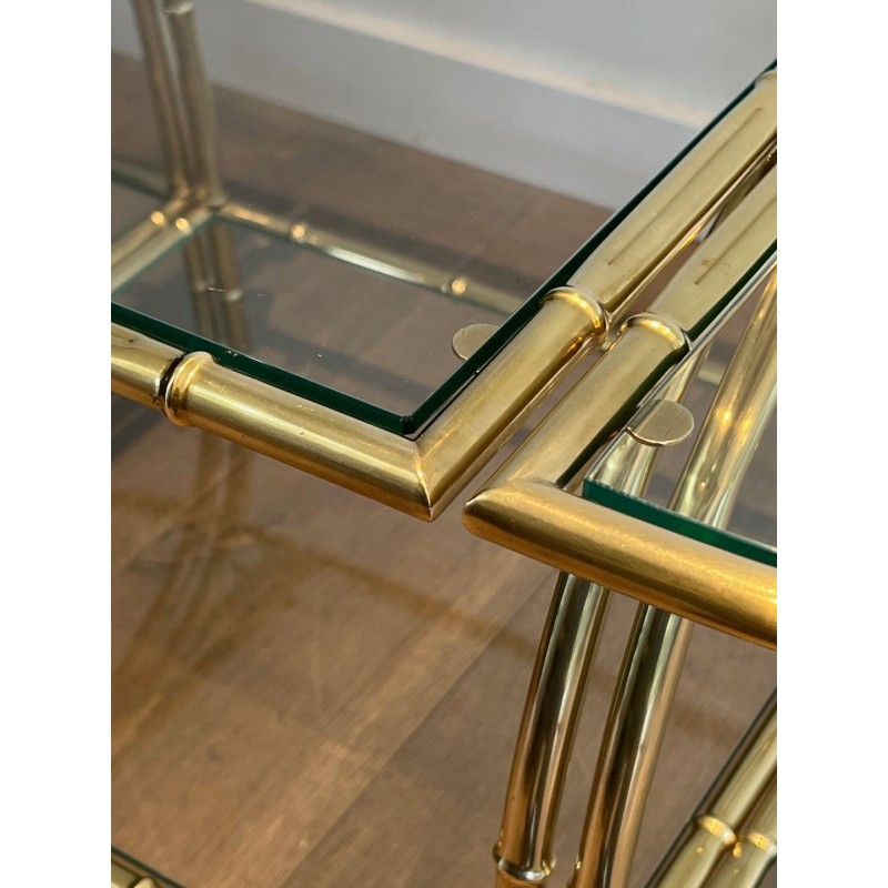 Art Déco Faux-Bamboo Brass Tripartite Coffee Table with Glass Tops, in the Style of Maison Baguès, France, circa 1940