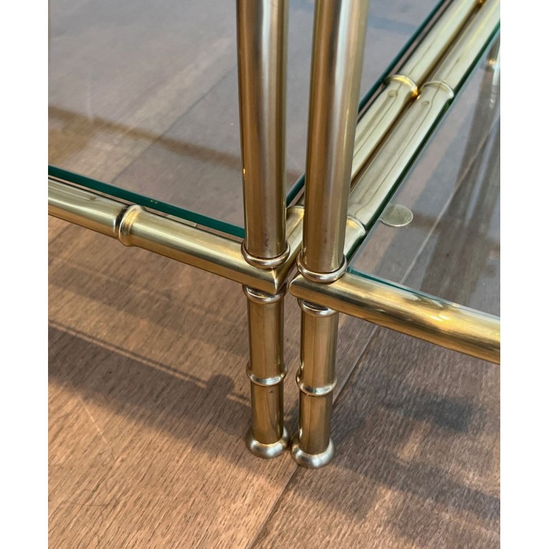 Art Déco Faux-Bamboo Brass Tripartite Coffee Table with Glass Tops, in the Style of Maison Baguès, France, circa 1940