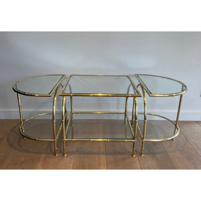Art Déco Faux-Bamboo Brass Tripartite Coffee Table with Glass Tops, in the Style of Maison Baguès, France, circa 1940