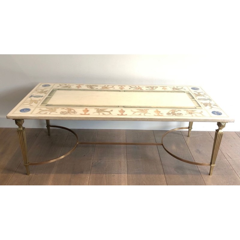 Neoclassical Bronze and Brass Coffee Table with Marble Top, France, circa 1935