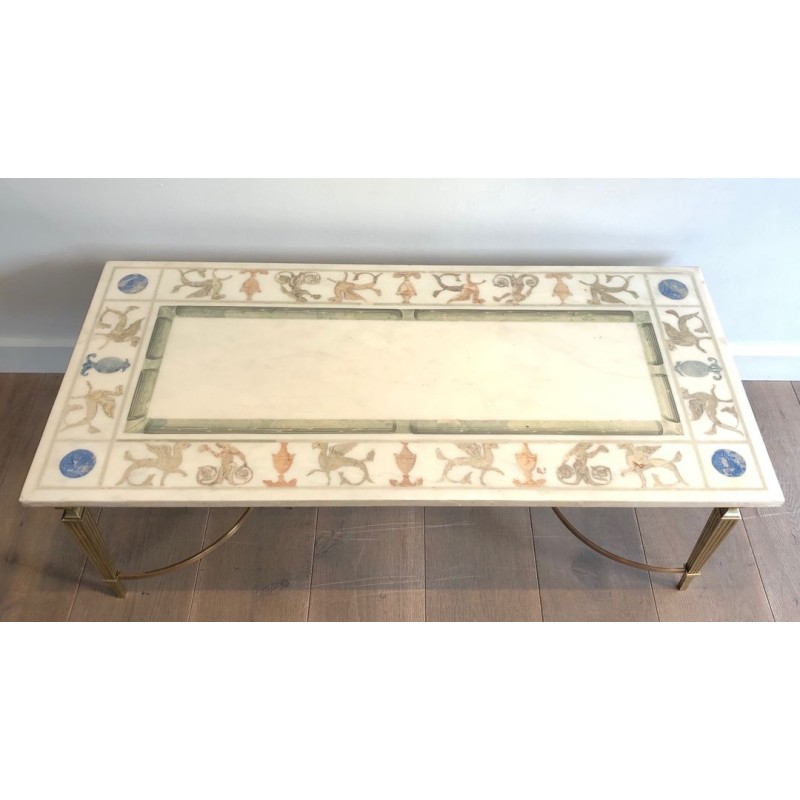 Neoclassical Bronze and Brass Coffee Table with Marble Top, France, circa 1935