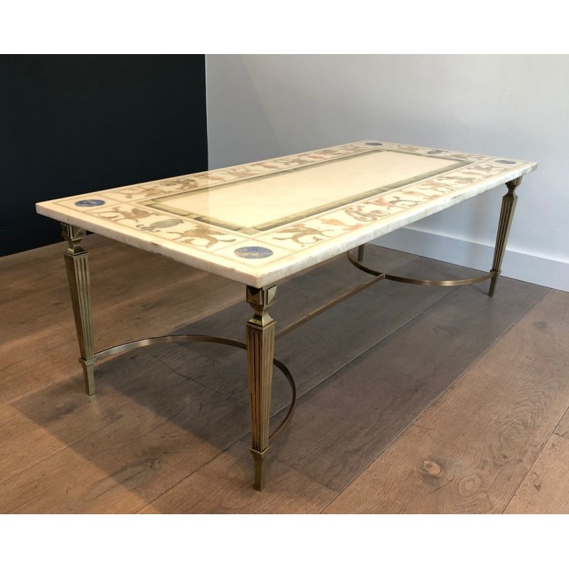 Neoclassical Bronze and Brass Coffee Table with Marble Top, France, circa 1935