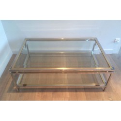Two-Tier Chrome & Brass Ball Coffee Table with Glass Shelves, French Work circa 1970