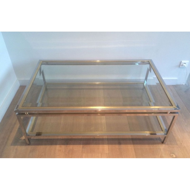 Two-Tier Chrome & Brass Ball Coffee Table with Glass Shelves, French Work circa 1970