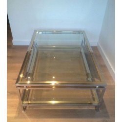 Two-Tier Chrome & Brass Ball Coffee Table with Glass Shelves, French Work circa 1970