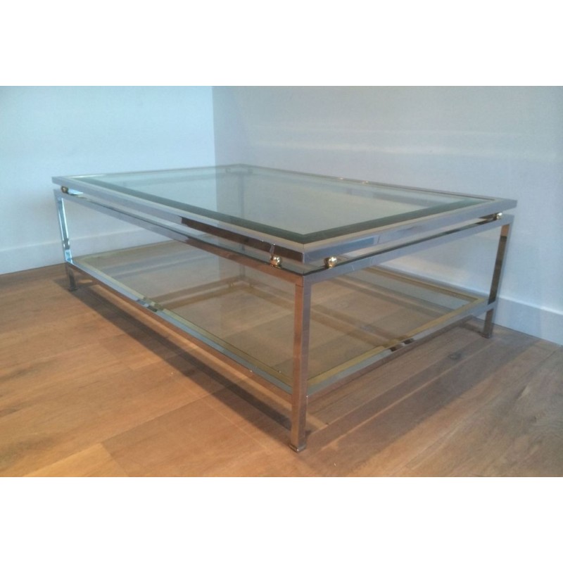 Two-Tier Chrome & Brass Ball Coffee Table with Glass Shelves, French Work circa 1970