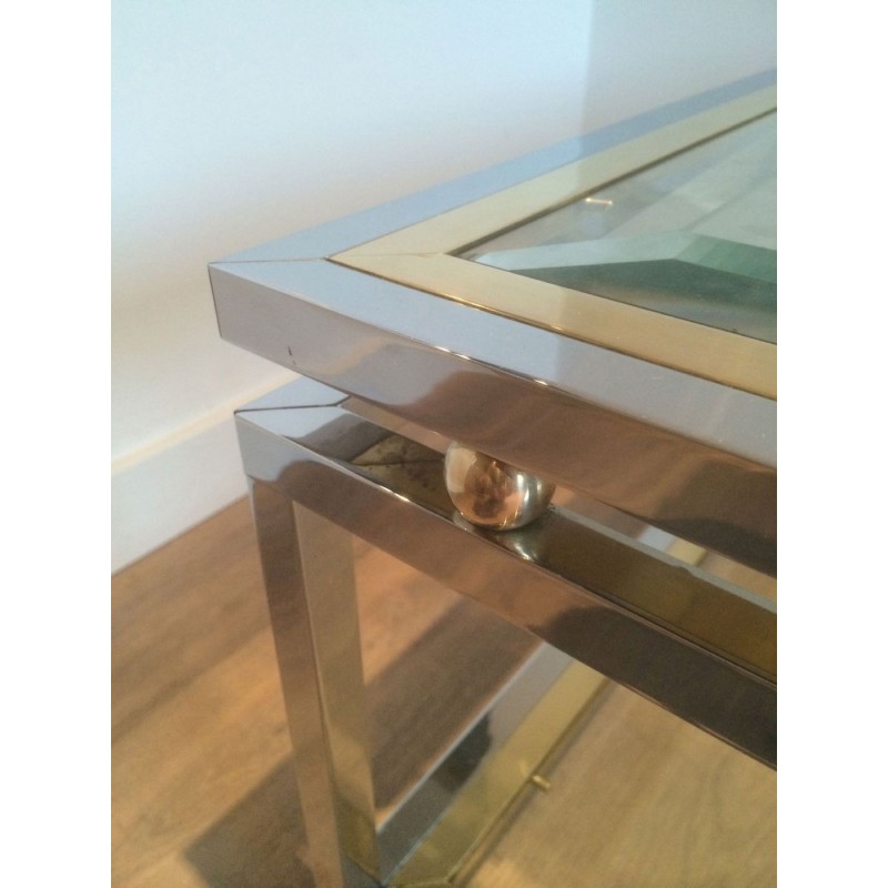 Two-Tier Chrome & Brass Ball Coffee Table with Glass Shelves, French Work circa 1970