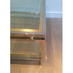 Two-Tier Chrome & Brass Ball Coffee Table with Glass Shelves, French Work circa 1970