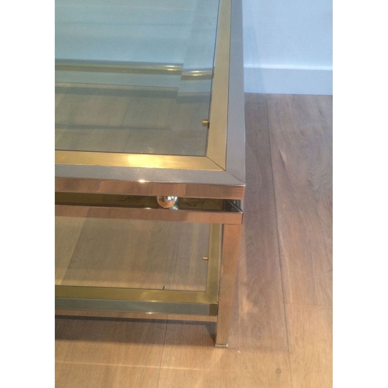 Two-Tier Chrome & Brass Ball Coffee Table with Glass Shelves, French Work circa 1970