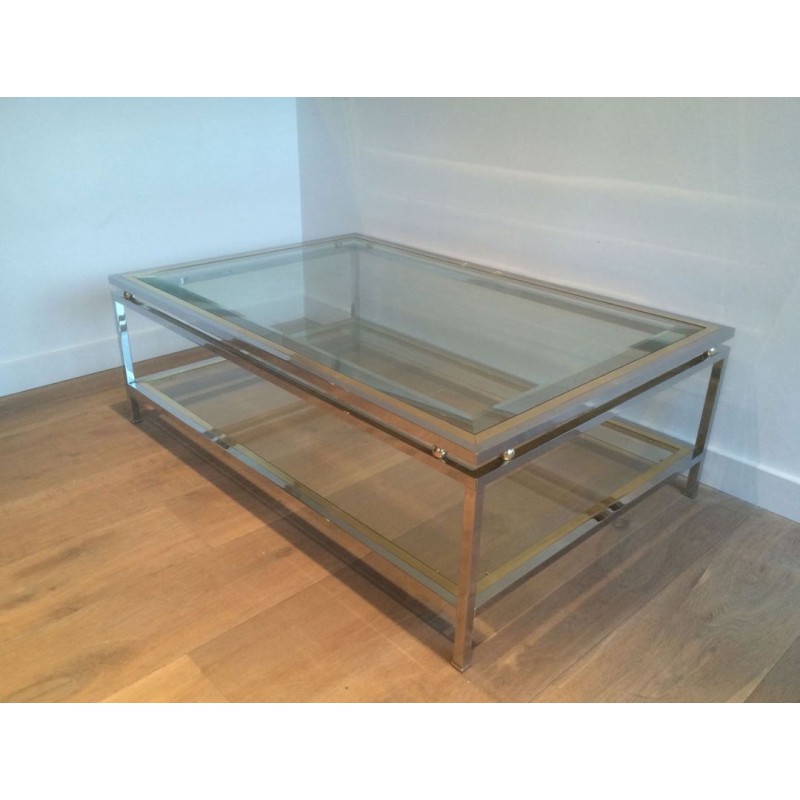 Two-Tier Chrome & Brass Ball Coffee Table with Glass Shelves, French Work circa 1970