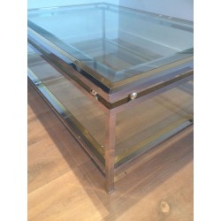 Two-Tier Chrome & Brass Ball Coffee Table with Glass Shelves, French Work circa 1970