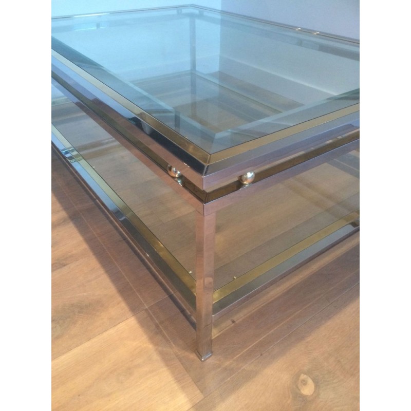 Two-Tier Chrome & Brass Ball Coffee Table with Glass Shelves, French Work circa 1970