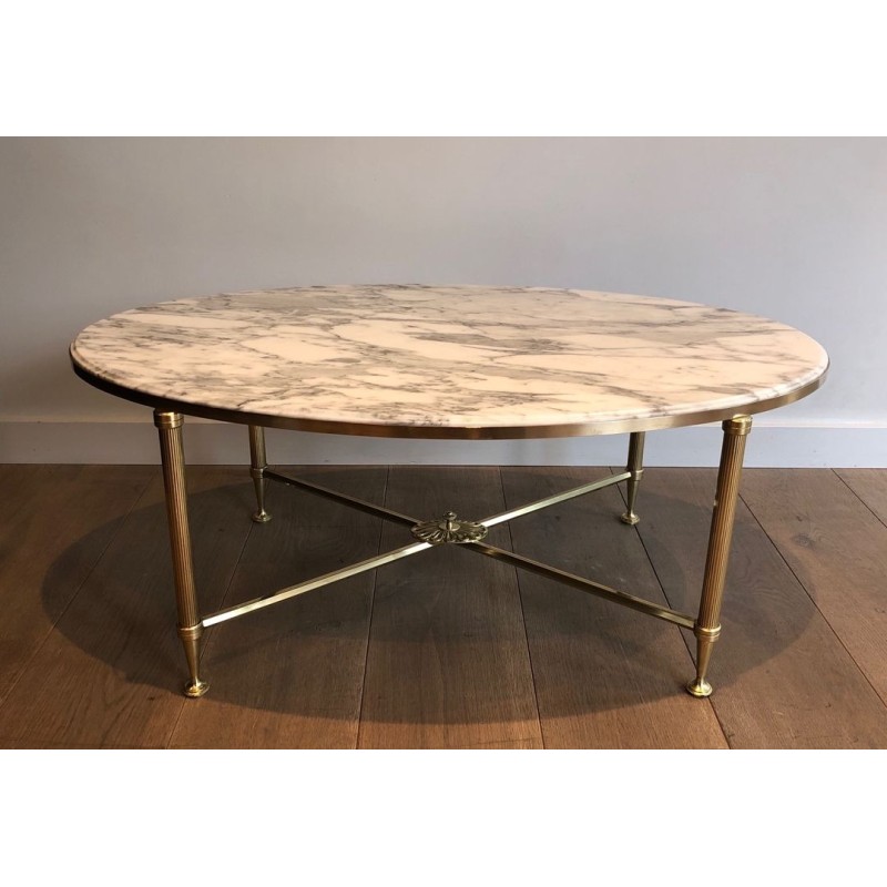 Neoclassical Oval Coffee Table in Brass with Carrara White Marble Top, Maison Jansen, circa 1940