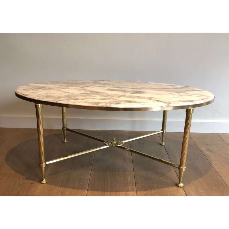 Neoclassical Oval Coffee Table in Brass with Carrara White Marble Top, Maison Jansen, circa 1940