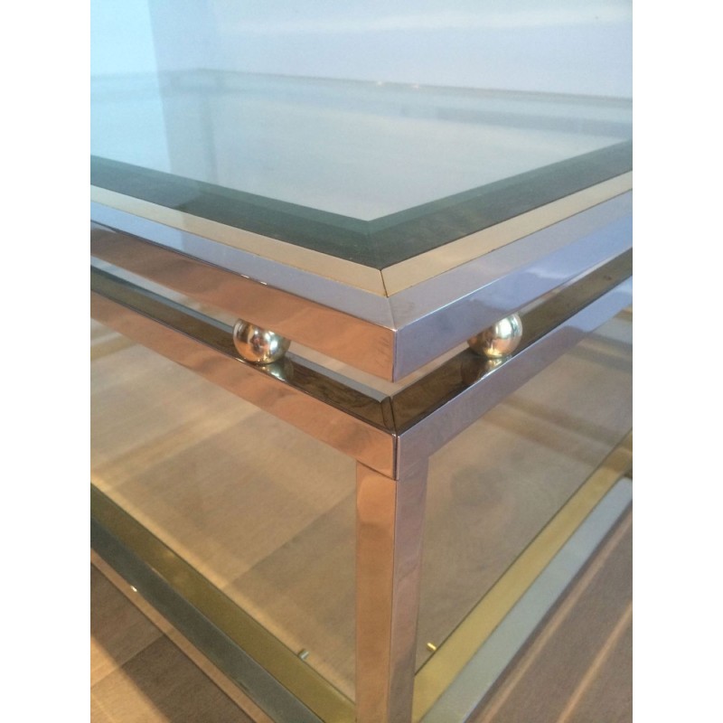 Two-Tier Chrome & Brass Ball Coffee Table with Glass Shelves, French Work circa 1970