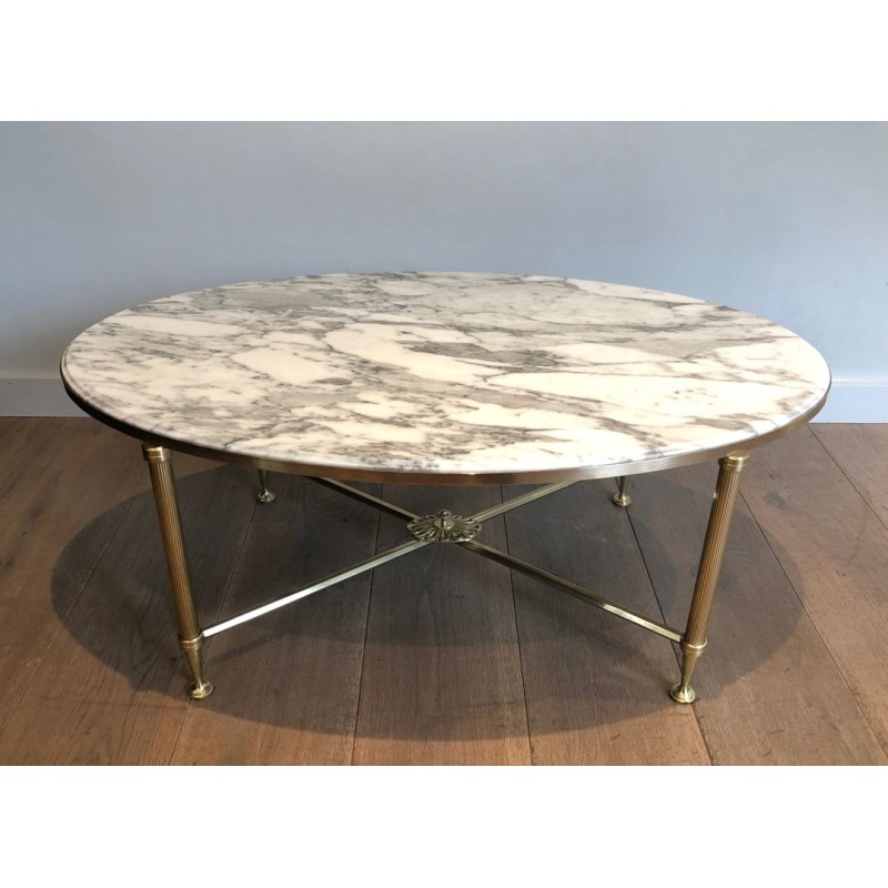 Neoclassical Oval Coffee Table in Brass with Carrara White Marble Top, Maison Jansen, circa 1940