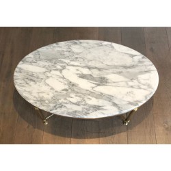Neoclassical Oval Coffee Table in Brass with Carrara White Marble Top, Maison Jansen, circa 1940