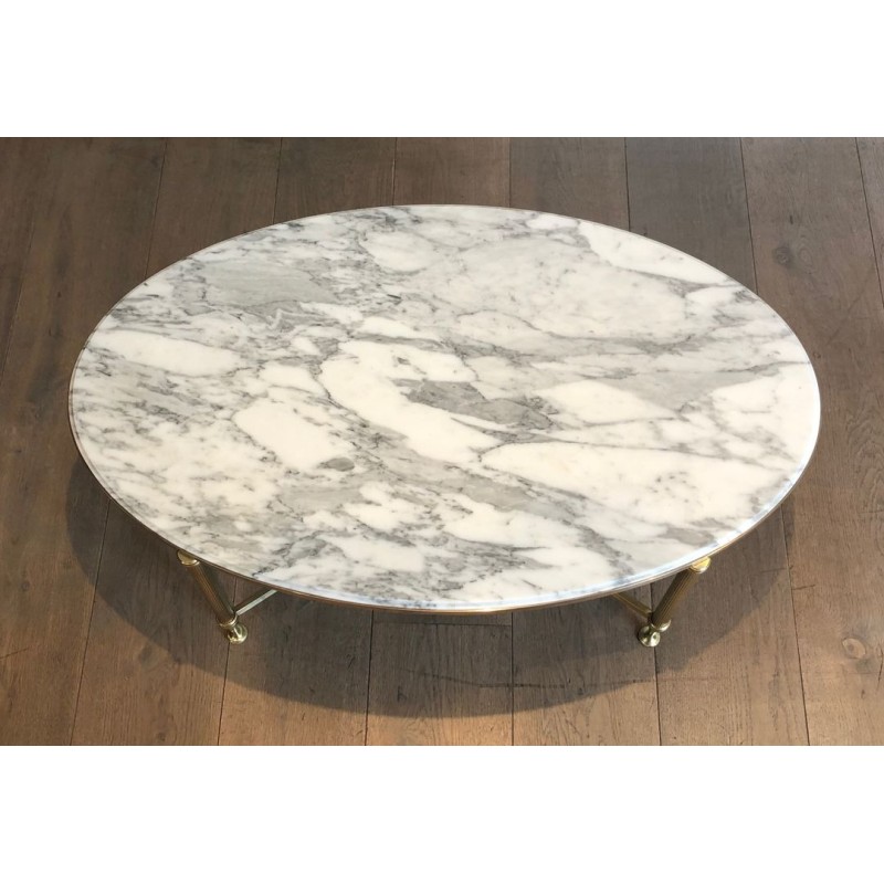 Neoclassical Oval Coffee Table in Brass with Carrara White Marble Top, Maison Jansen, circa 1940