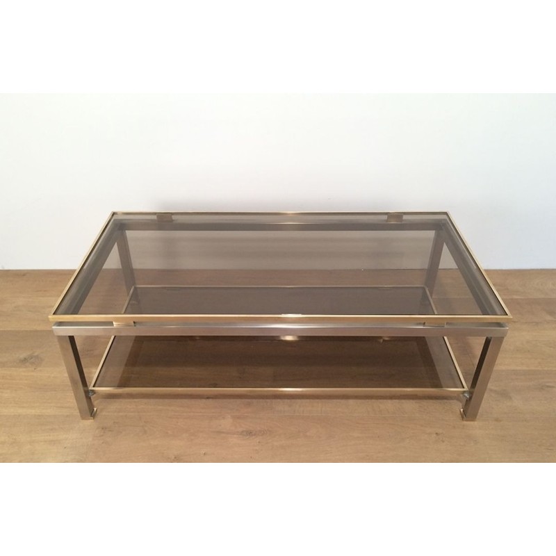Two-Tier Coffee Table in Brushed Steel & Brass with Smoked Glass, Guy Lefèvre for Maison Jansen, circa 1970
