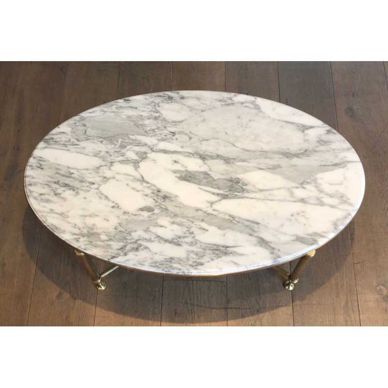 Neoclassical Oval Coffee Table in Brass with Carrara White Marble Top, Maison Jansen, circa 1940
