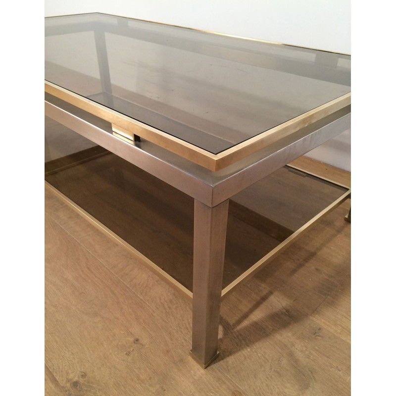 Two-Tier Coffee Table in Brushed Steel & Brass with Smoked Glass, Guy Lefèvre for Maison Jansen, circa 1970