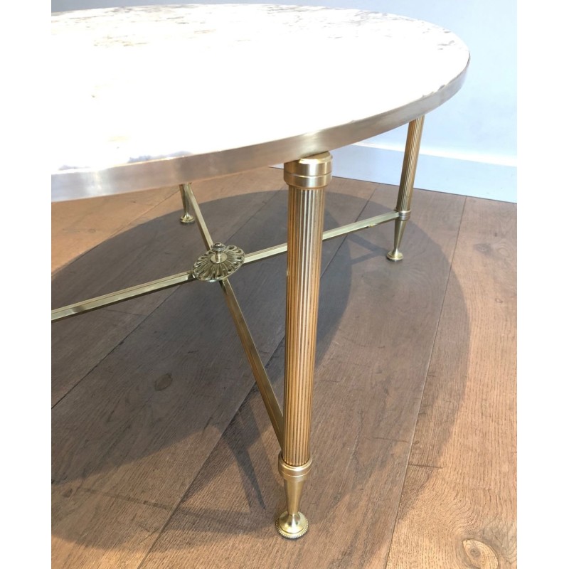 Neoclassical Oval Coffee Table in Brass with Carrara White Marble Top, Maison Jansen, circa 1940