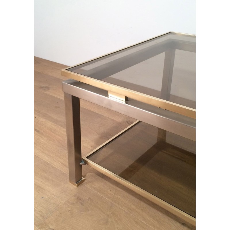 Two-Tier Coffee Table in Brushed Steel & Brass with Smoked Glass, Guy Lefèvre for Maison Jansen, circa 1970