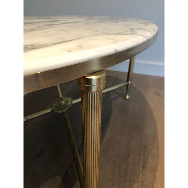 Neoclassical Oval Coffee Table in Brass with Carrara White Marble Top, Maison Jansen, circa 1940