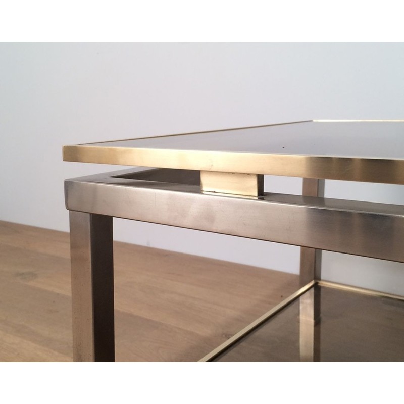 Two-Tier Coffee Table in Brushed Steel & Brass with Smoked Glass, Guy Lefèvre for Maison Jansen, circa 1970