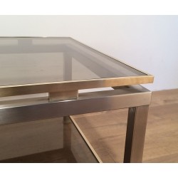 Two-Tier Coffee Table in Brushed Steel & Brass with Smoked Glass, Guy Lefèvre for Maison Jansen, circa 1970