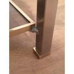 Two-Tier Coffee Table in Brushed Steel & Brass with Smoked Glass, Guy Lefèvre for Maison Jansen, circa 1970