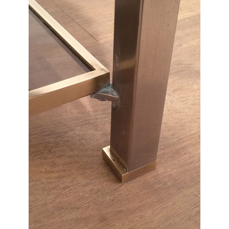 Two-Tier Coffee Table in Brushed Steel & Brass with Smoked Glass, Guy Lefèvre for Maison Jansen, circa 1970