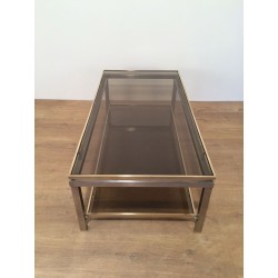 Two-Tier Coffee Table in Brushed Steel & Brass with Smoked Glass, Guy Lefèvre for Maison Jansen, circa 1970
